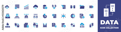 Data icon Collection. Duotone color. Vector illustration. Containing cloud computing, database, data transfer, report, folder management, pie chart, data, filtering, hierarchical, archive, and more.