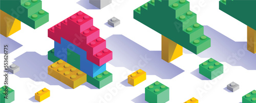 Home and tree. Bricks toy, Back to school. 3d design vector.