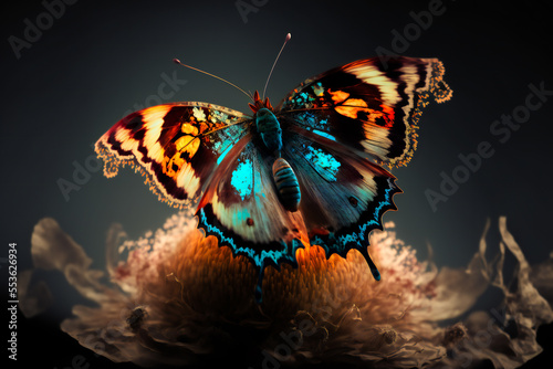 Beautiful  butterfly on a flower on a black background.  Image created with Generative AI technology.