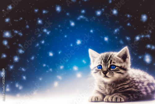 Kitten, Christmas and New Year.  Image created with Generative AI technology.