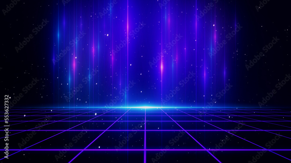 Retro style 80s-90s galaxy background. Futuristic Grid landscape. Digital Cyber Surface. Suitable for design in the style of the 1980s-1990s.