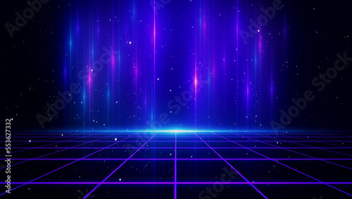 Obraz na płótnie Retro style 80s-90s galaxy background. Futuristic Grid landscape. Digital Cyber Surface. Suitable for design in the style of the 1980s-1990s. w salonie