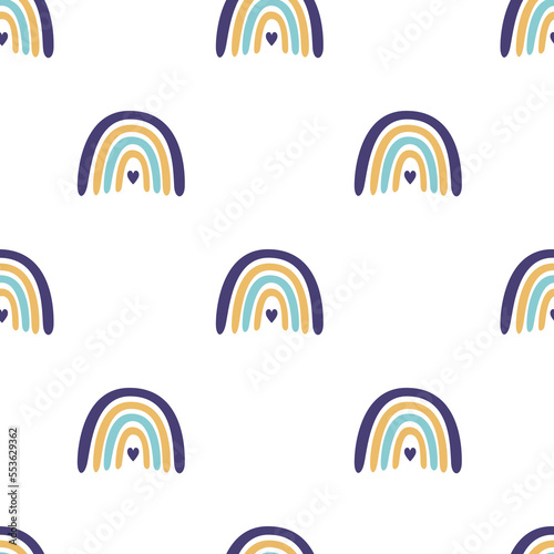 Vector flat hand drawn seamless pattern with cute rainbows. Flat vector hippy boho illustration
