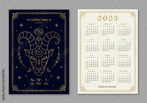 Year 2023 calendar template with Capricorn golden zodiac symbol. Pocket size dark navy color calendar with Goat horoscope sign. Week starts on Sunday thin line vector illustration