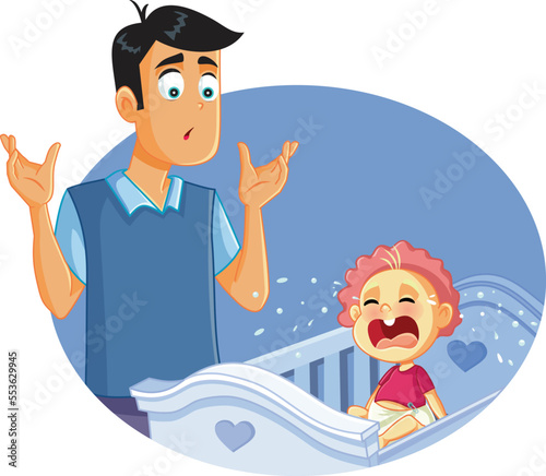 Desperate Dad Not Knowing What to do Around Crying Baby. Clueless father trying to figure out what is wrong 
