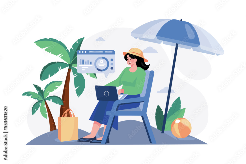Girl Working On Vacation Illustration concept on white background