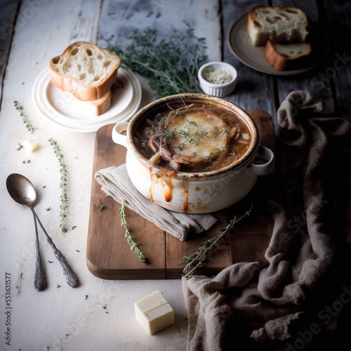 Fototapeta Classic French onion soup baked with cheese croutons sprinkled with fresh thyme, close up view