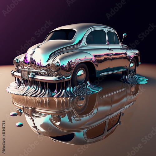 Ai genreated vintage chrome car melting. Created using ai generative.  photo