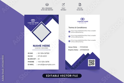 Print ready identity card design for business or academic organizations. Minimal corporate ID card template vector with geometric shapes and purple colors. Personal identity card design for business.