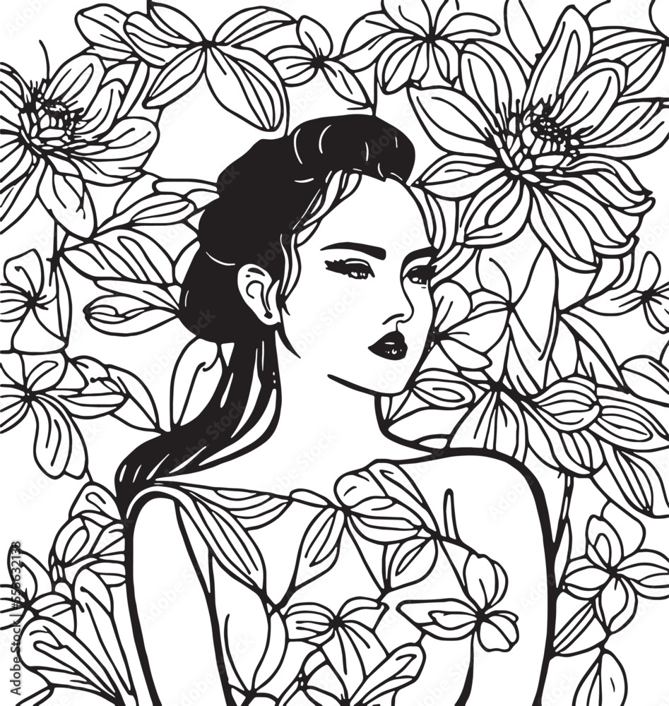 Line art of beautiful woman and flower patterns Line art of beautiful woman and flower patterns