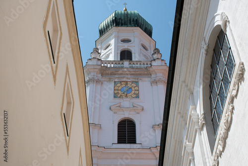 Tower of the 17th-century Dom St. Stephan (St. Stephen's Cathedral) in Passau, Germany