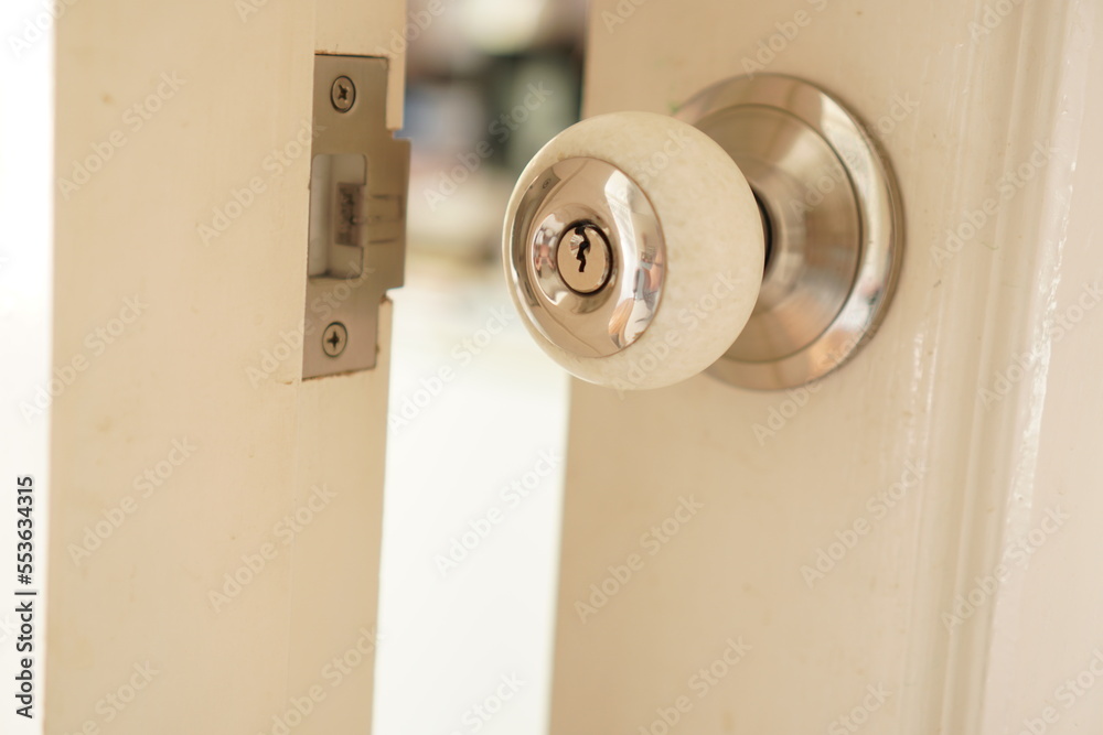 The picture shows the room door knob being ajar in the office. Stock