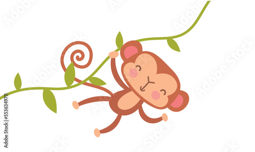 Safari monkey icon. Happy character sitting and holding on to liana. Active lifestyle, fun and jumping. Chimpanzee bungee in jungle. Wildlife and fauna concept. Cartoon flat vector illustration