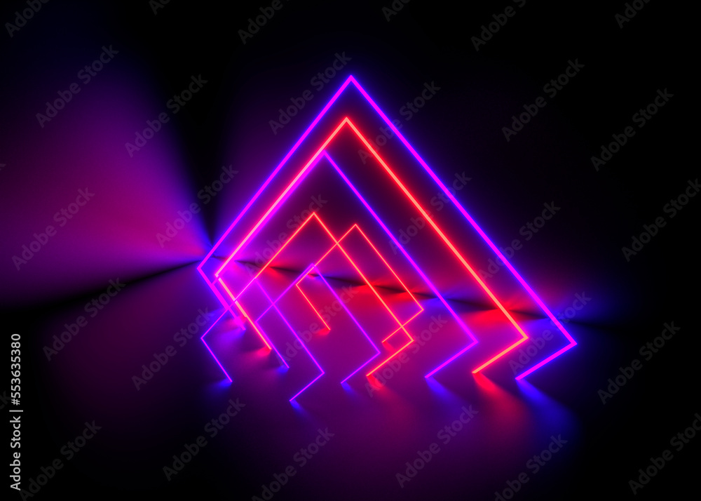 3d render, ultraviolet neon triangular portal, glowing lines, tunnel, corridor, virtual reality, abstract fashion background, violet, white and blue neon lights.