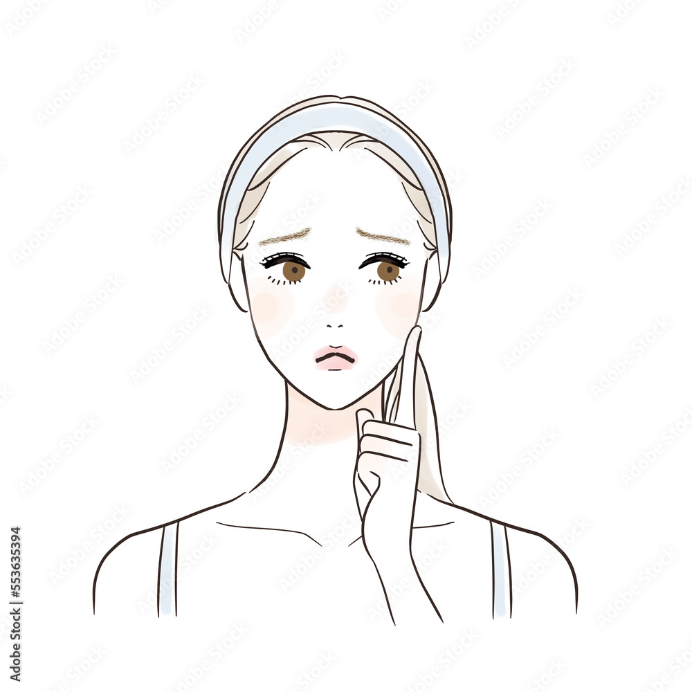 指で頰を触って心配する女性 スキンケア 指で頰を触って心配する女性 スキンケア