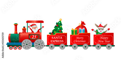 Merry Christmas and Happy New Year greeting card. the toy steam locomotive carries Santa Claus and a hare symbol of 2023. concept Xmas. vector illustration.