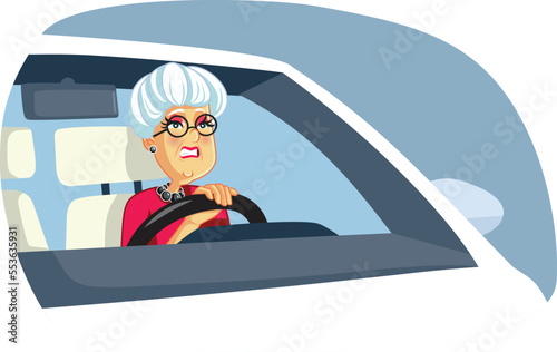 Senior Woman Having Difficulties Driving a Car Vector Cartoon Illustration. Elderly driver having problems after automotive crash 
