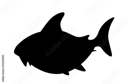 Shark silhouette icon. Sticker for social networks and messengers, elegance and aesthetics. Dangerous and large predator with fin. Representative of underwater world. Cartoon flat vector illustration