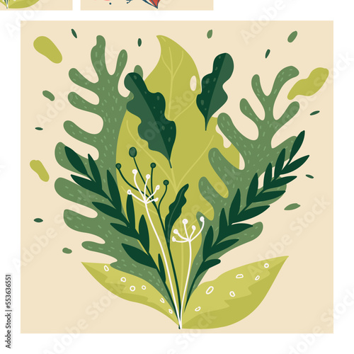 Exotic greenery, leaves and blooming in summer or spring