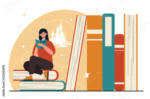 Woman sitting near books. Girl in library. Love for reading and literature, education and training, selfdevelopment. Student preparing for test or examination. Cartoon flat vector illustration