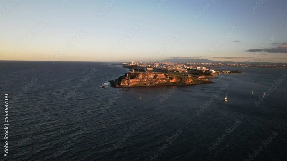 Sunset View Of Castillo San Felipe del Morro In San Juan, Puerto Rico. Aerial Drone Shot Sunset View Of Castillo San Felipe del Morro In San Juan, Puerto Rico. Aerial Drone Shot