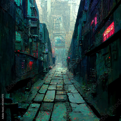 Ai generated cyberpunk broken alley. Created using ai generative.  photo