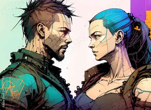 a couple of people standing next to each other, cyberpunk art