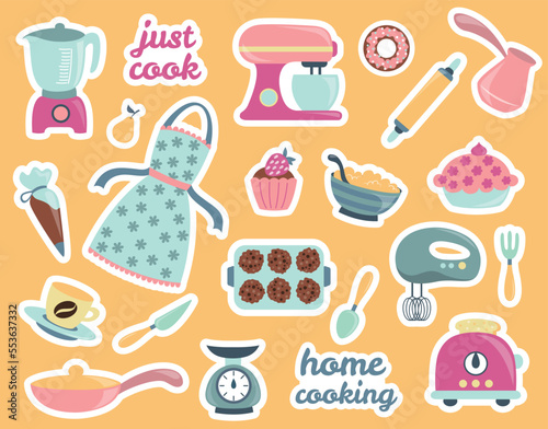 Bakery stickers set. Collection of graphic elements for website. Cooking utensils, dough mold, apron, muffin and juicer with lemon. Cartoon flat vector illustrations isolated on yellow background