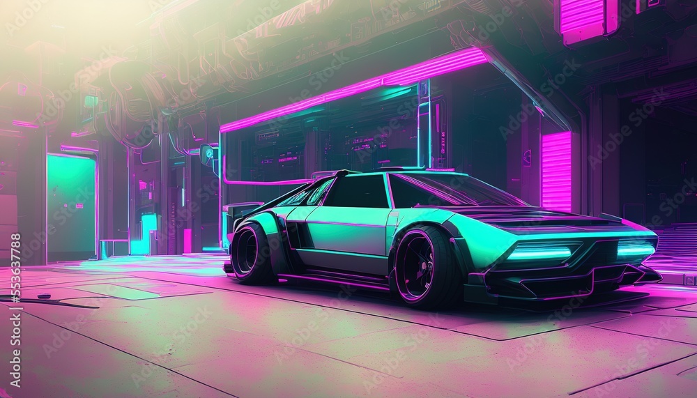 a car parked in front of a building with neon lights, cyberpunk art a car parked in front of a building with neon lights, cyberpunk art
