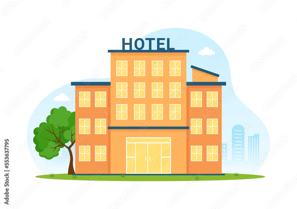 Skyscraper Hotel Building Flat Cartoon Hand Drawn Illustration Template with View on City Space of Street Panorama Design