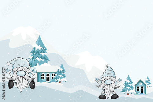 Dwarf Santa in winter. Christmas background in with Santa gnomes, mountains, ice house and pine trees