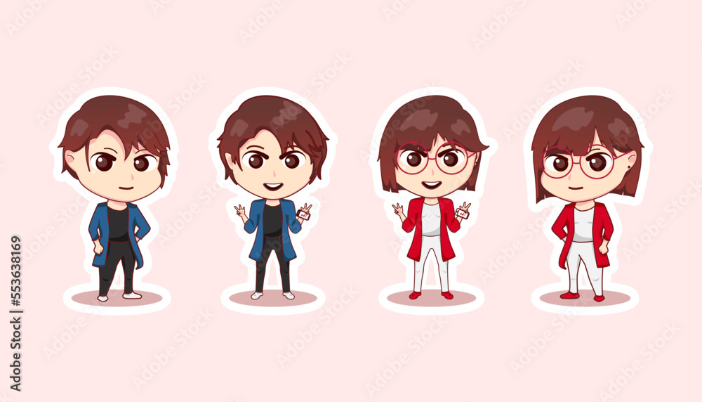Cute illustration chibi anime cartoon boy girl standing happy face web sticker icon mascot logo Cute illustration chibi anime cartoon boy girl standing happy face web sticker icon mascot logo