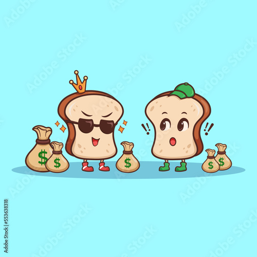 Cute adorable cartoon rich brown bread flexing money illustration for sticker icon mascot and logo