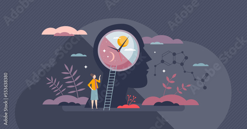 Circadian sleep rhythm with inner cycle for daily routine tiny person concept. Day and night inner balance for healthy melatonin, serotonin and cortisol stages vector illustration. Mental clock time.