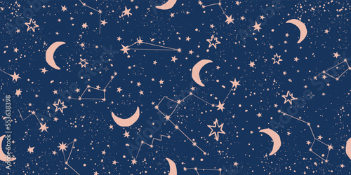 Seamless celestial pattern with stars and moon on blue sky, astrological background for zodiac signs, vector tarot art. Magic Space Ornament.