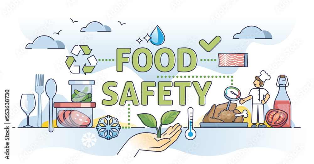 Food safety control with products cooking and ingredients inspecting outline concept. High