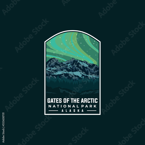 Gates of Arctic national park vector template. Alaska landmark illustration in patch emblem style.