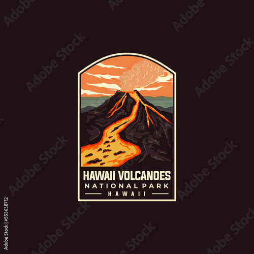 Hawaii Volcanoes national park vector template. Hawaii landmark illustration in patch emblem style.