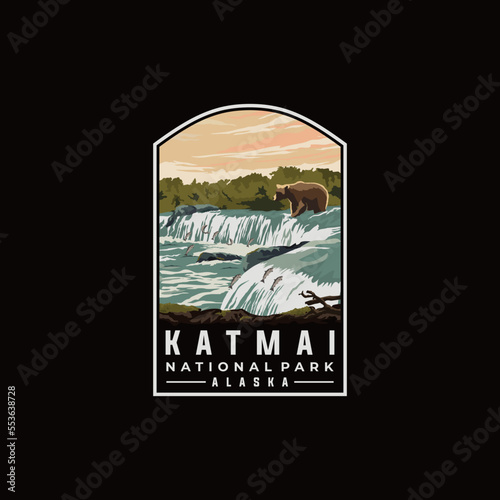 Katmai national park vector template. Alaska landmark illustration in patch emblem style. photo