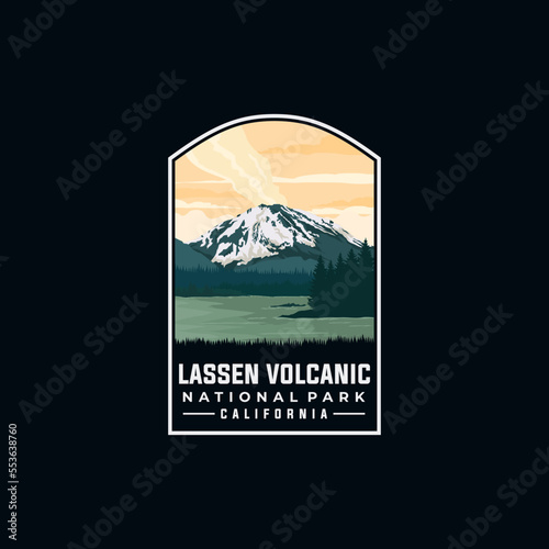 Lassen Volcanic national park vector template. California landmark illustration in patch emblem style.