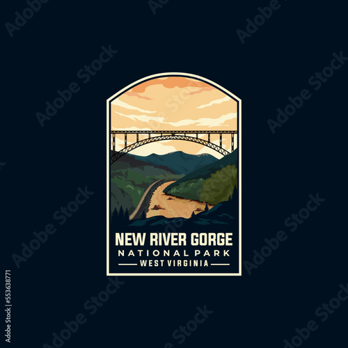 New River Gorge national park vector template. West Virginia landmark illustration in patch emblem style.