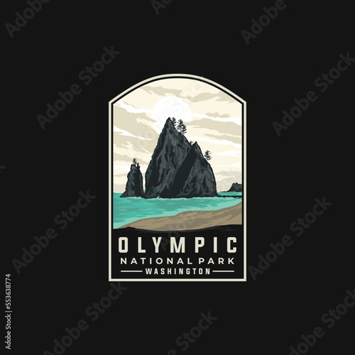 Olympic national park vector template. Washington landmark illustration in patch emblem style. photo