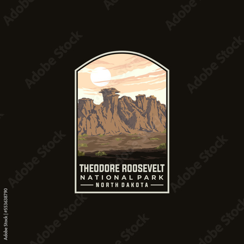 Theodore Roosevelt national park vector template. North Dakota landmark illustration in patch emblem style.
