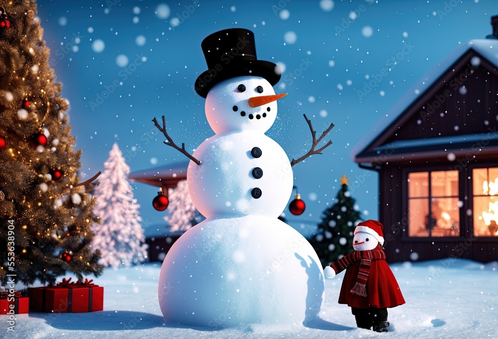 Obraz premium snowman with christmas tree