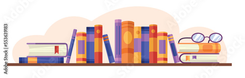 Book shelf concept. Home library, corner of education and selfdevelopment. Knowledge and information. Element of interior and decor. Poster or banner for website. Cartoon flat vector illustration