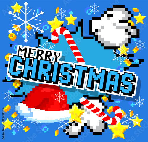 Merry Christmas. Pixelated word with geometric graphic background. Vector cartoon illustration.