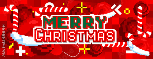 Merry Christmas. Pixelated word with geometric graphic background. Vector cartoon illustration.