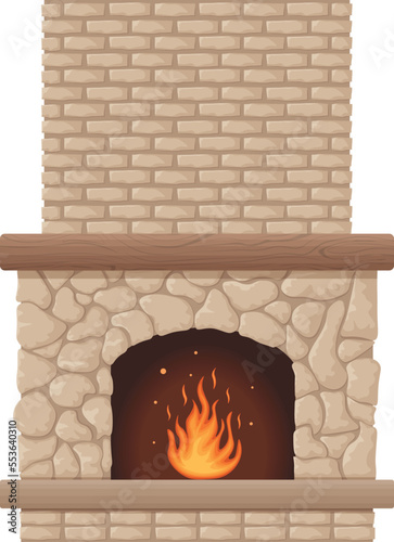 Fireplace. The image of a stone fireplace with fire. A burning flame in the fireplace. Vector illustration isolated on a white background