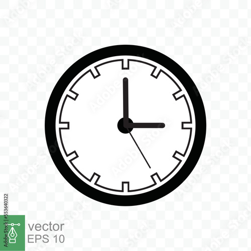 Clock icon. Simple flat style. Circle wall clock face, black analog clock with arrow element, business, technology concept. Vector illustration design isolated on transparent background. EPS 10.