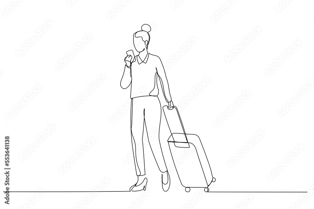 Illustration of asian businesswoman use smart phone with suitcase on her business trip. Single line art style Illustration of asian businesswoman use smart phone with suitcase on her business trip. Single line art style
